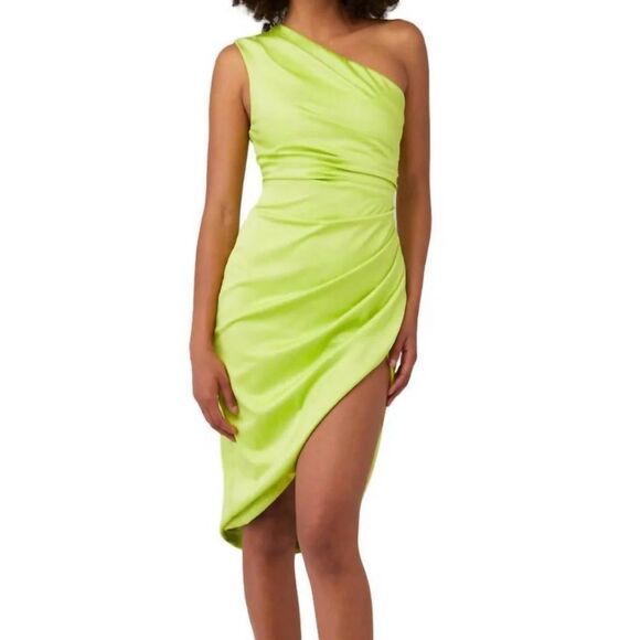 ELLIATT Cassini Midi Dress One Shoulder Ruche in Chartreuse Green Yellow Size XS - Picture 11 of 11